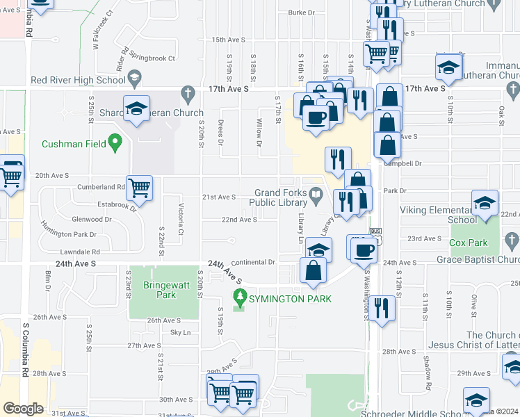 map of restaurants, bars, coffee shops, grocery stores, and more near 1711 21st Avenue South in Grand Forks