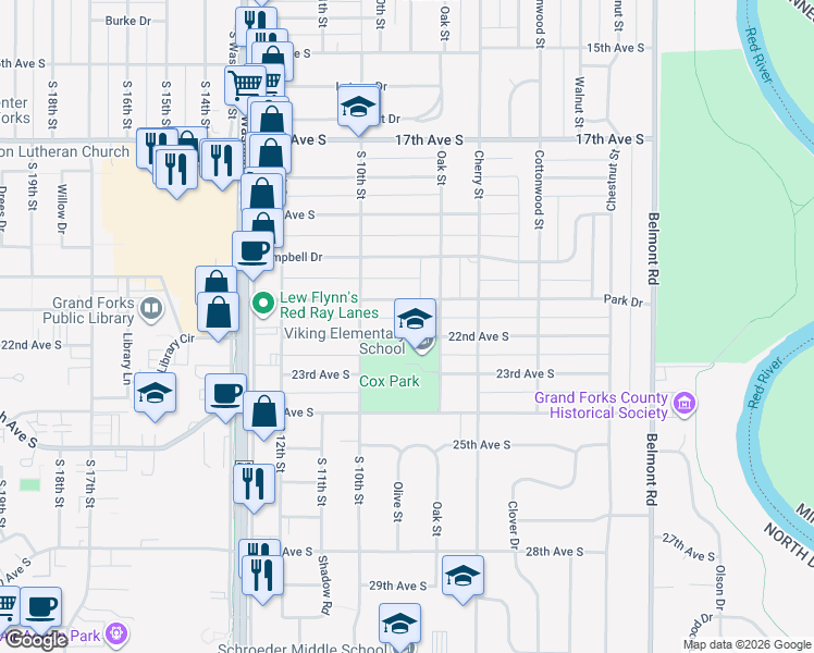 map of restaurants, bars, coffee shops, grocery stores, and more near 807 Park Drive in Grand Forks