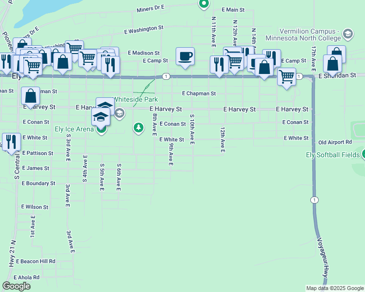 map of restaurants, bars, coffee shops, grocery stores, and more near 920 East White Street in Ely