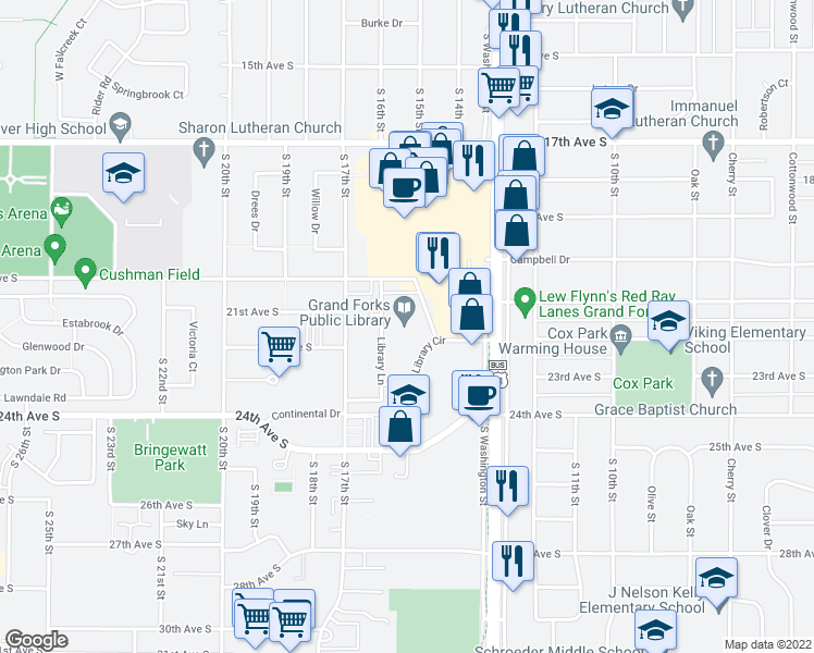 map of restaurants, bars, coffee shops, grocery stores, and more near 2110 Library Circle in Grand Forks