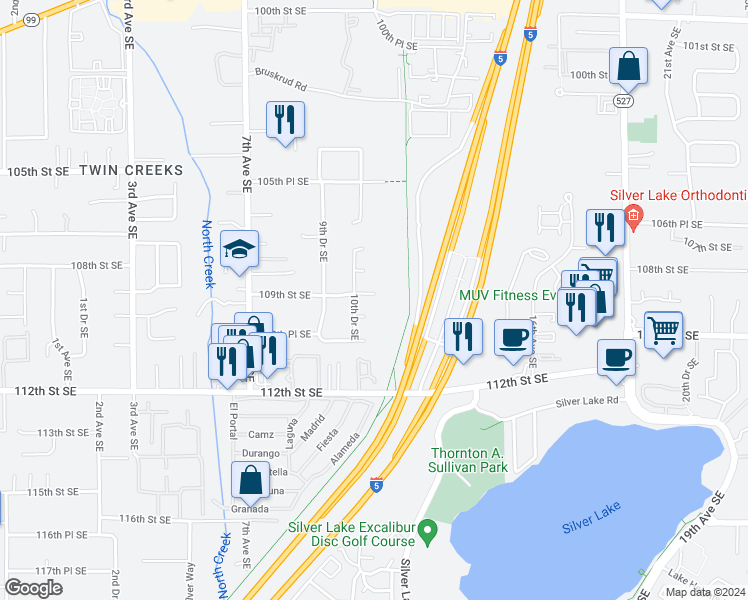 map of restaurants, bars, coffee shops, grocery stores, and more near 1019 109th Street Southeast in Everett