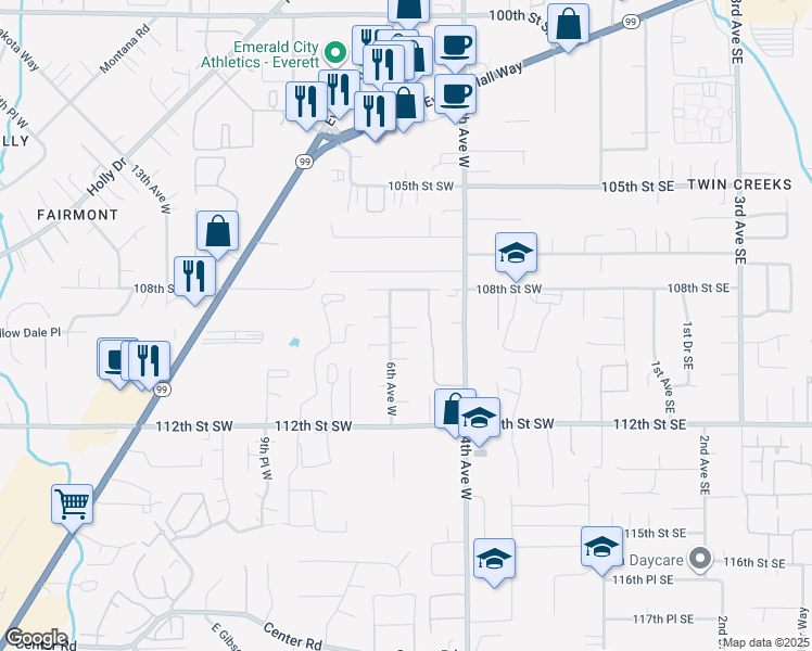 map of restaurants, bars, coffee shops, grocery stores, and more near 10831 6th Avenue West in Everett