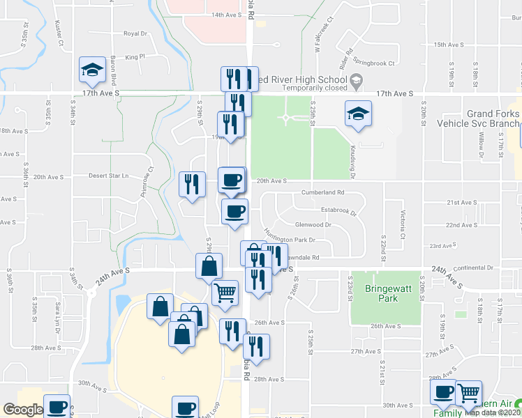 map of restaurants, bars, coffee shops, grocery stores, and more near 2574 Huntington Park Drive in Grand Forks