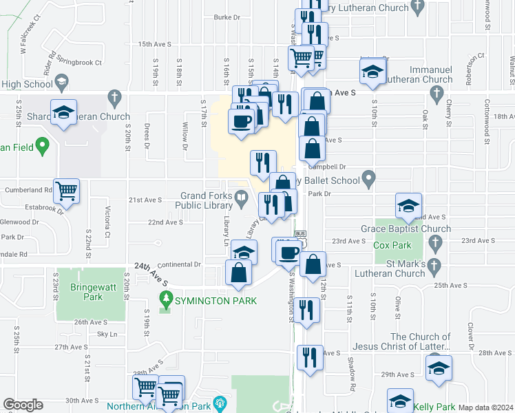 map of restaurants, bars, coffee shops, grocery stores, and more near 2010 Library Circle in Grand Forks