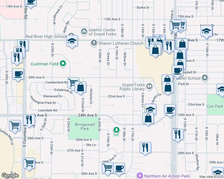 map of restaurants, bars, coffee shops, grocery stores, and more near 1916 21st Avenue South in Grand Forks
