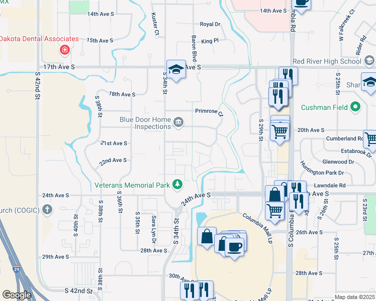 map of restaurants, bars, coffee shops, grocery stores, and more near 3387 Primrose Court in Grand Forks