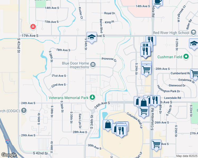 map of restaurants, bars, coffee shops, grocery stores, and more near 3387 Primrose Court in Grand Forks