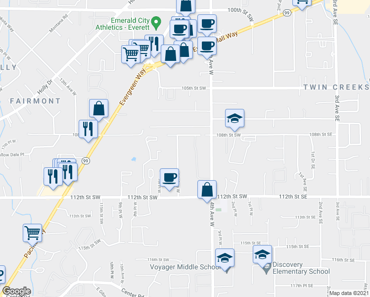 map of restaurants, bars, coffee shops, grocery stores, and more near 10831 6th Avenue West in Everett