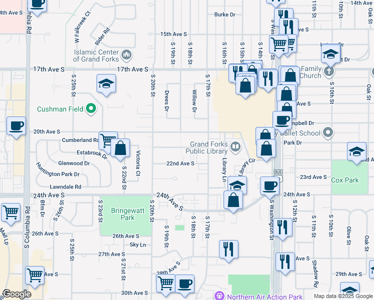 map of restaurants, bars, coffee shops, grocery stores, and more near 1814 21st Avenue South in Grand Forks