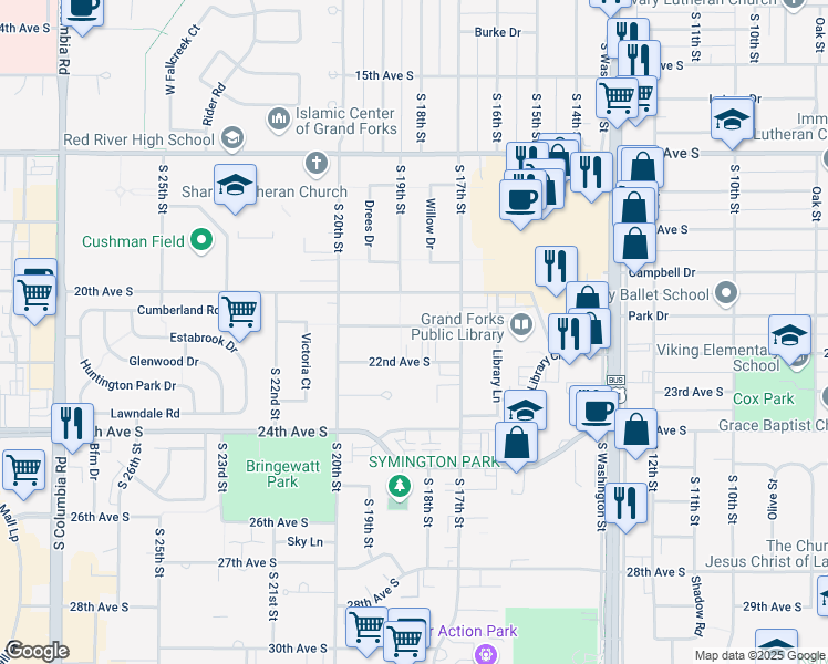 map of restaurants, bars, coffee shops, grocery stores, and more near 1815 21st Avenue South in Grand Forks
