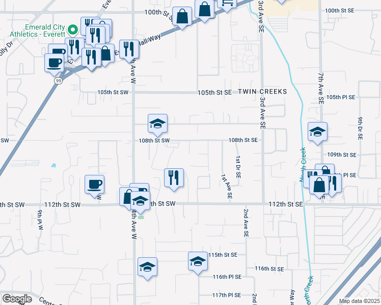 map of restaurants, bars, coffee shops, grocery stores, and more near 11 109th Street Southeast in Everett