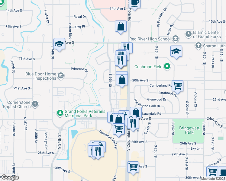 map of restaurants, bars, coffee shops, grocery stores, and more near 2100 South 29th Street in Grand Forks