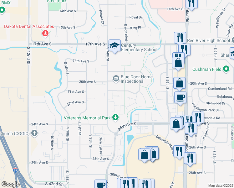 map of restaurants, bars, coffee shops, grocery stores, and more near 3387 Primrose Court in Grand Forks