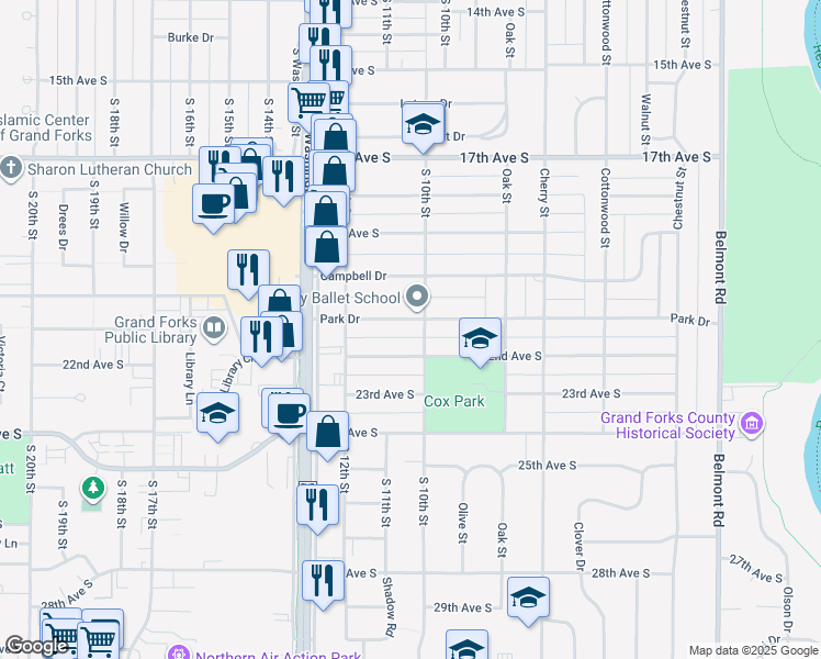 map of restaurants, bars, coffee shops, grocery stores, and more near 1007 Park Drive in Grand Forks