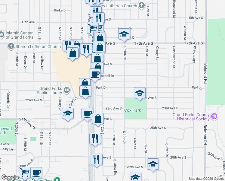 map of restaurants, bars, coffee shops, grocery stores, and more near 1109 Park Drive in Grand Forks
