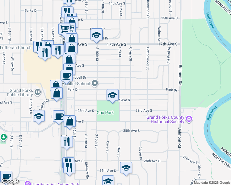 map of restaurants, bars, coffee shops, grocery stores, and more near 807 Park Drive in Grand Forks