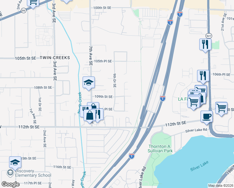 map of restaurants, bars, coffee shops, grocery stores, and more near 905 109th Street Southeast in Everett