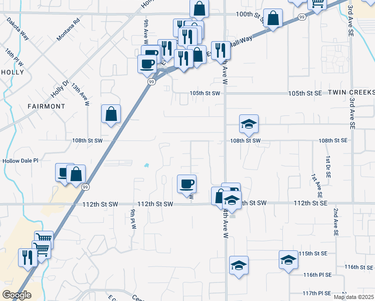 map of restaurants, bars, coffee shops, grocery stores, and more near 10824 6th Avenue West in Everett