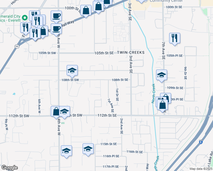map of restaurants, bars, coffee shops, grocery stores, and more near 10824 1st Avenue Southeast in Everett