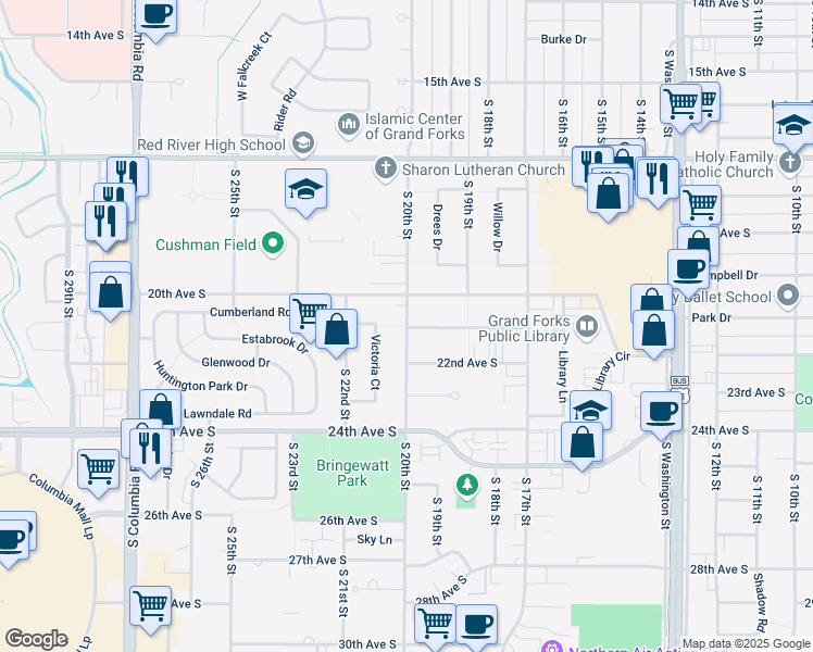 map of restaurants, bars, coffee shops, grocery stores, and more near 2098 South 20th Street in Grand Forks