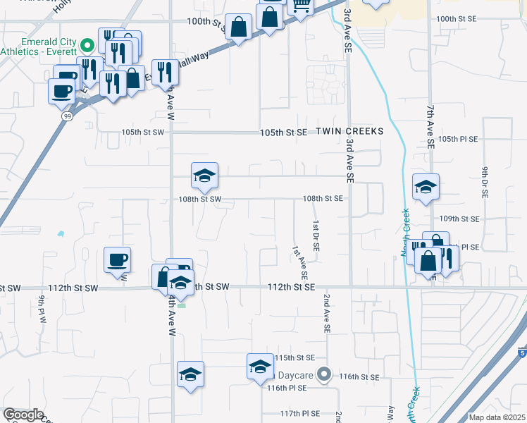 map of restaurants, bars, coffee shops, grocery stores, and more near 11 109th Street Southeast in Everett