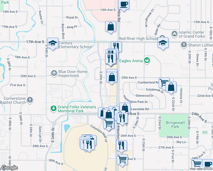 map of restaurants, bars, coffee shops, grocery stores, and more near 2839 20th Avenue South in Grand Forks