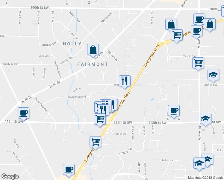 map of restaurants, bars, coffee shops, grocery stores, and more near 1310 108th Street Southwest in Everett