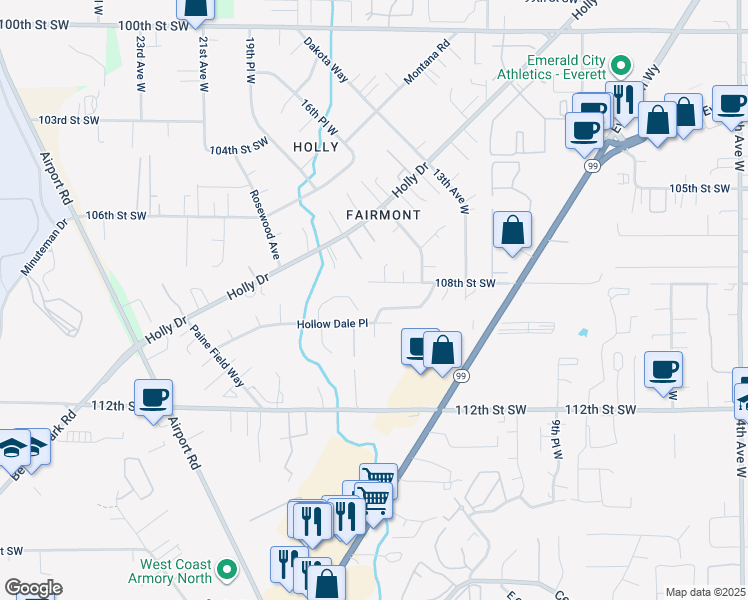 map of restaurants, bars, coffee shops, grocery stores, and more near 1511 Hollow Dale Place in Everett