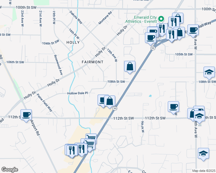 map of restaurants, bars, coffee shops, grocery stores, and more near 1310 108th Street Southwest in Everett