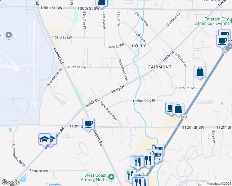 map of restaurants, bars, coffee shops, grocery stores, and more near 10817 Holly Drive in Everett