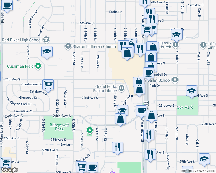 map of restaurants, bars, coffee shops, grocery stores, and more near 2021 South 17th Street in Grand Forks