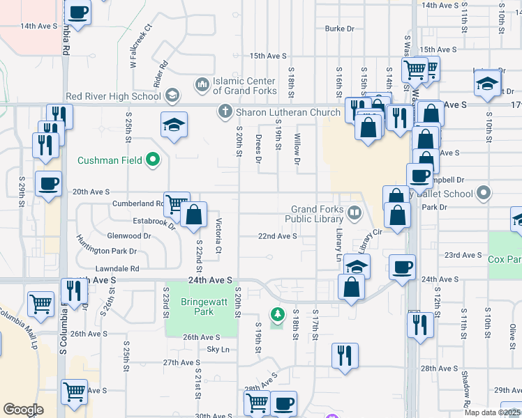 map of restaurants, bars, coffee shops, grocery stores, and more near 1916 21st Avenue South in Grand Forks