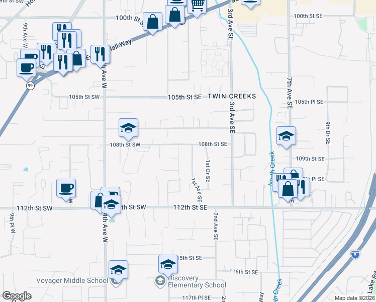 map of restaurants, bars, coffee shops, grocery stores, and more near 10824 1st Avenue Southeast in Everett