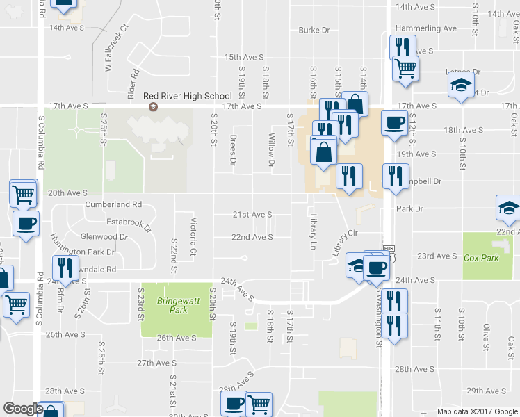 map of restaurants, bars, coffee shops, grocery stores, and more near 1814 21st Avenue South in Grand Forks