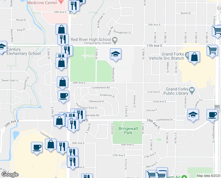 map of restaurants, bars, coffee shops, grocery stores, and more near 2463 Cumberland Road in Grand Forks
