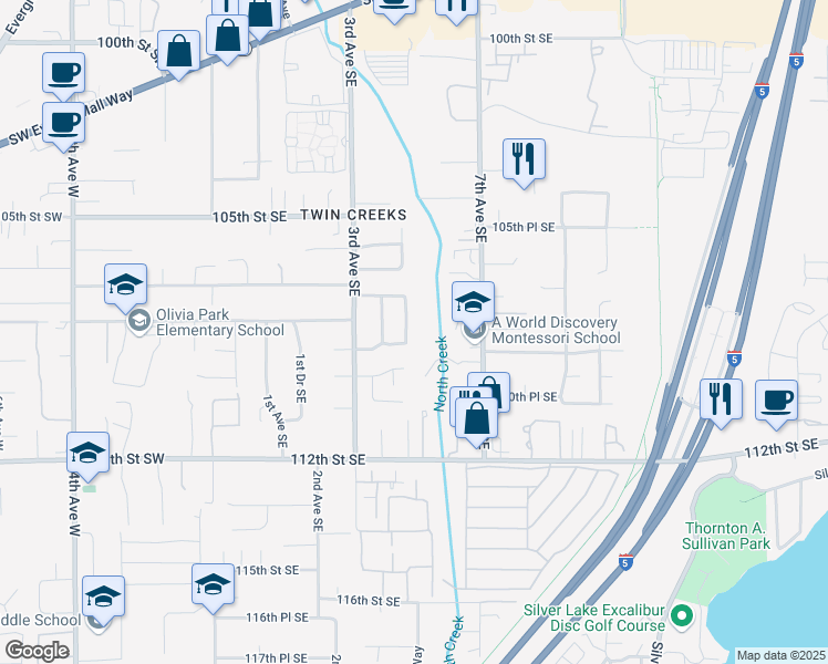 map of restaurants, bars, coffee shops, grocery stores, and more near 10817 5th Avenue Southeast in Everett