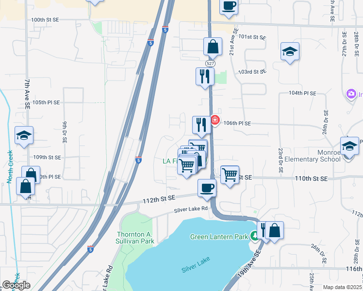 map of restaurants, bars, coffee shops, grocery stores, and more near 10801 16th Avenue Southeast in Everett