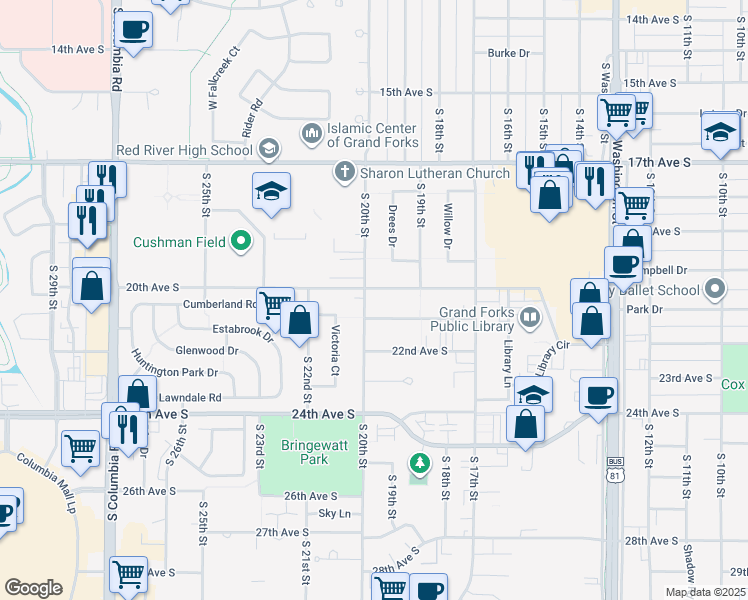 map of restaurants, bars, coffee shops, grocery stores, and more near 2098 South 20th Street in Grand Forks