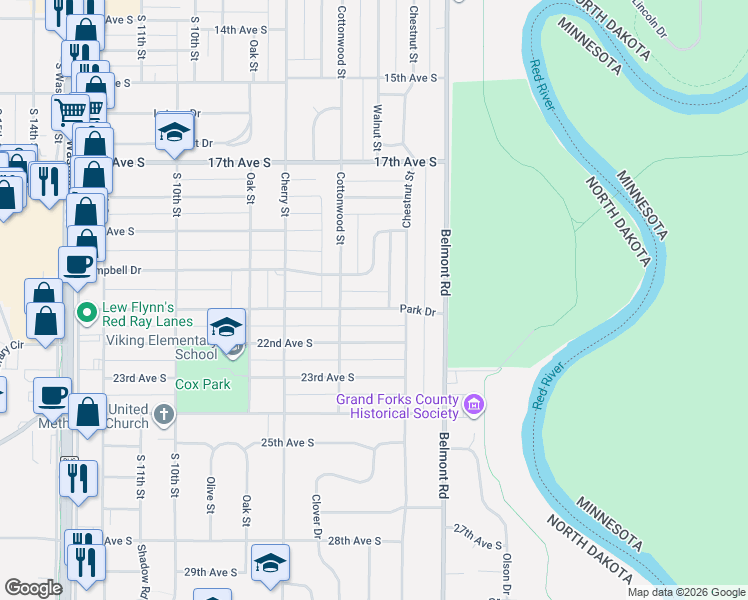 map of restaurants, bars, coffee shops, grocery stores, and more near 503 Park Dr in Grand Forks