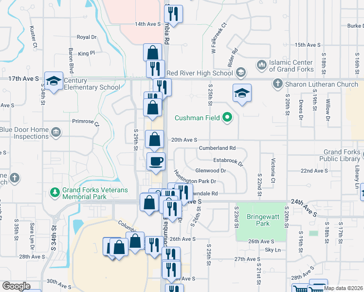 map of restaurants, bars, coffee shops, grocery stores, and more near 2551 Glenwood Drive in Grand Forks