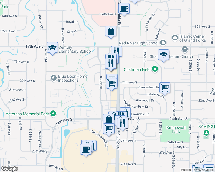 map of restaurants, bars, coffee shops, grocery stores, and more near 2839 20th Avenue South in Grand Forks