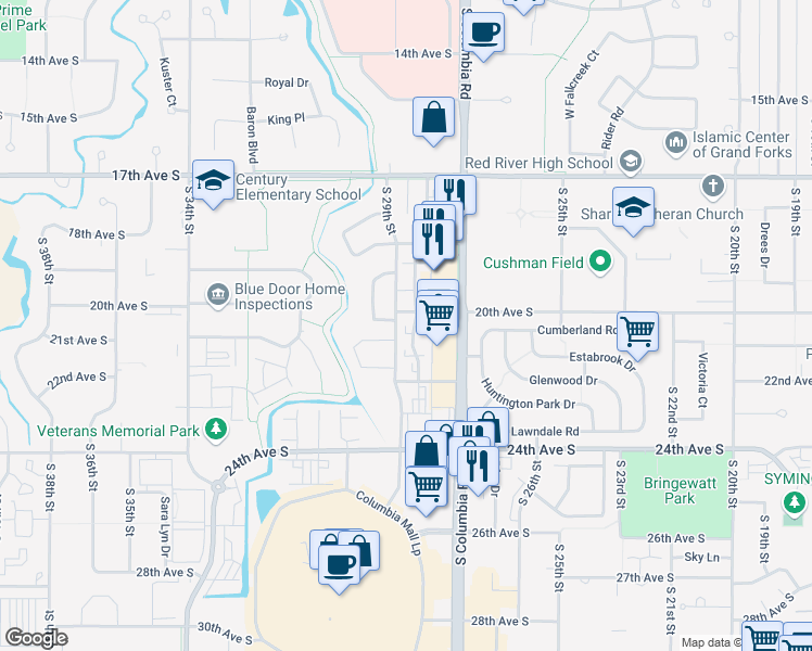map of restaurants, bars, coffee shops, grocery stores, and more near 2100 South 29th Street in Grand Forks