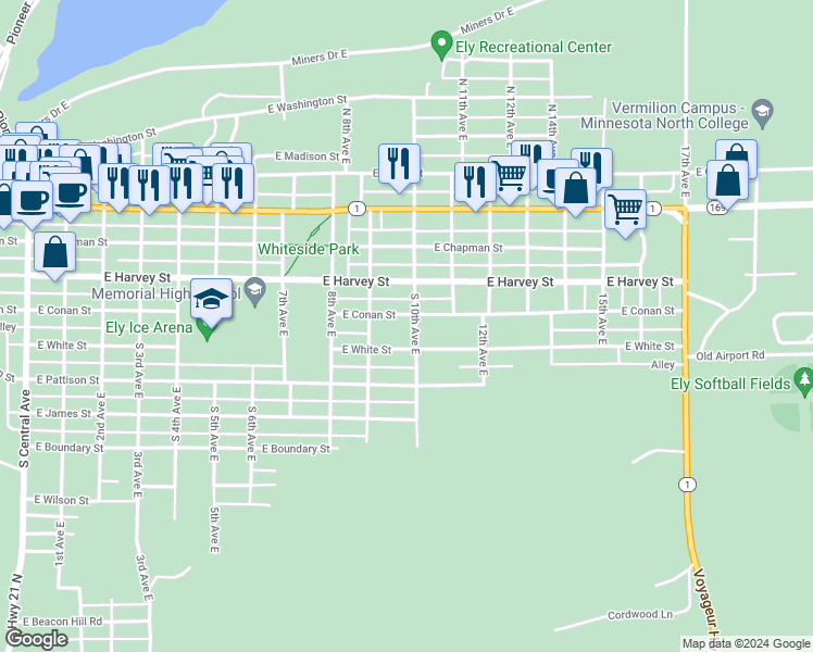 map of restaurants, bars, coffee shops, grocery stores, and more near 920 East White Street in Ely