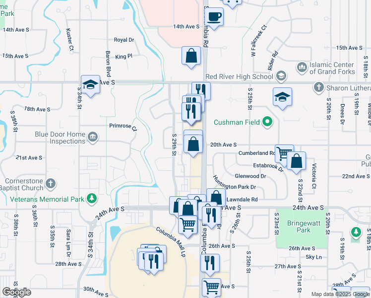 map of restaurants, bars, coffee shops, grocery stores, and more near 2815 20th Avenue South in Grand Forks