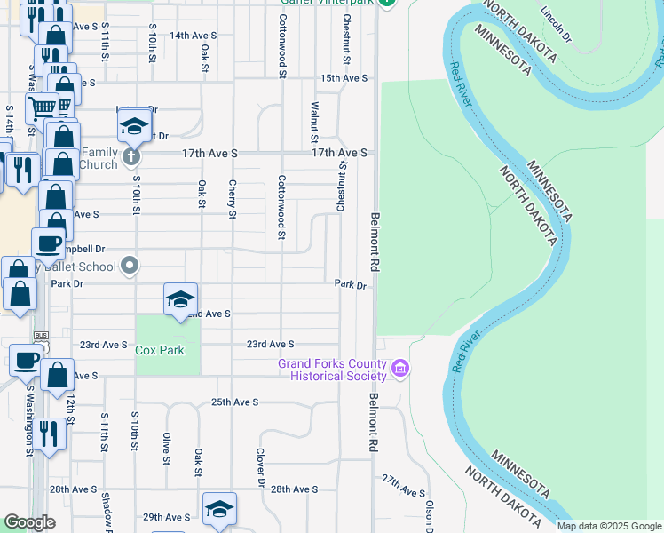 map of restaurants, bars, coffee shops, grocery stores, and more near 1919 Chestnut St in Grand Forks