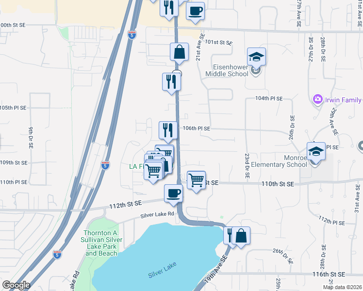 map of restaurants, bars, coffee shops, grocery stores, and more near 10627 19th Avenue Southeast in Everett