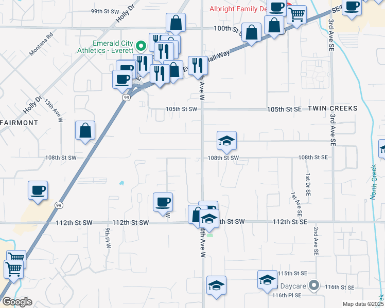 map of restaurants, bars, coffee shops, grocery stores, and more near 10702 4th Avenue West in Everett