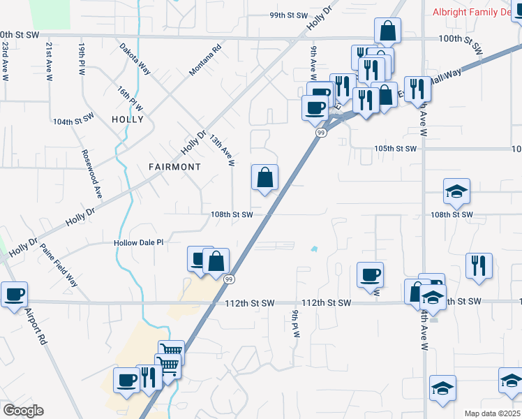 map of restaurants, bars, coffee shops, grocery stores, and more near 10710 Evergreen Way in Everett