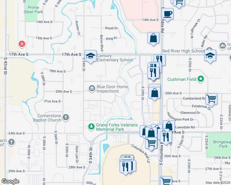 map of restaurants, bars, coffee shops, grocery stores, and more near 3375 Primrose Court in Grand Forks
