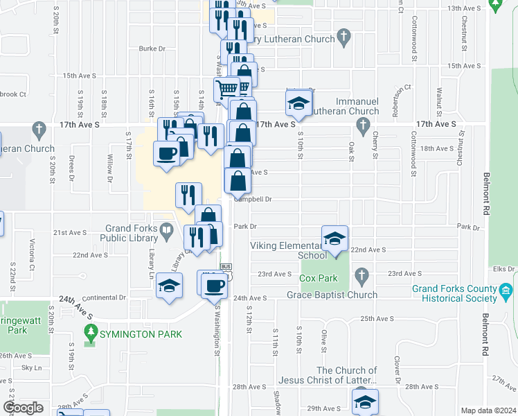 map of restaurants, bars, coffee shops, grocery stores, and more near 1106 Campbell Drive in Grand Forks